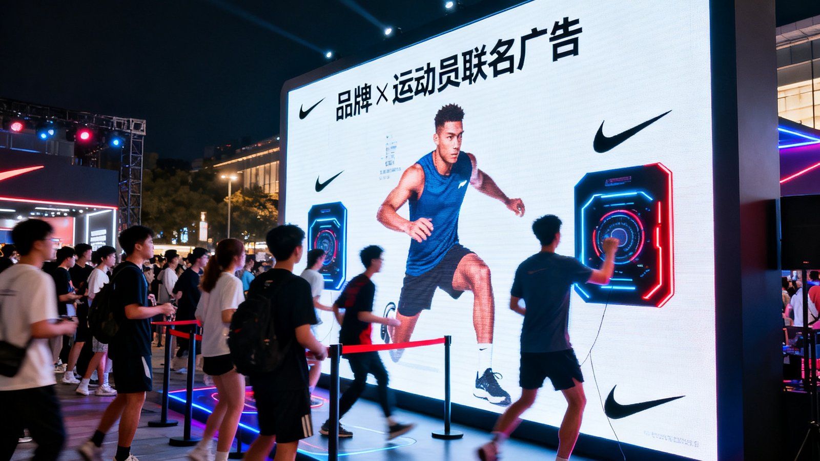 一个知名运动品牌与运动员联合举办的线下活动，粉丝排队体验互动装置，巨型LED屏幕播放联名广告