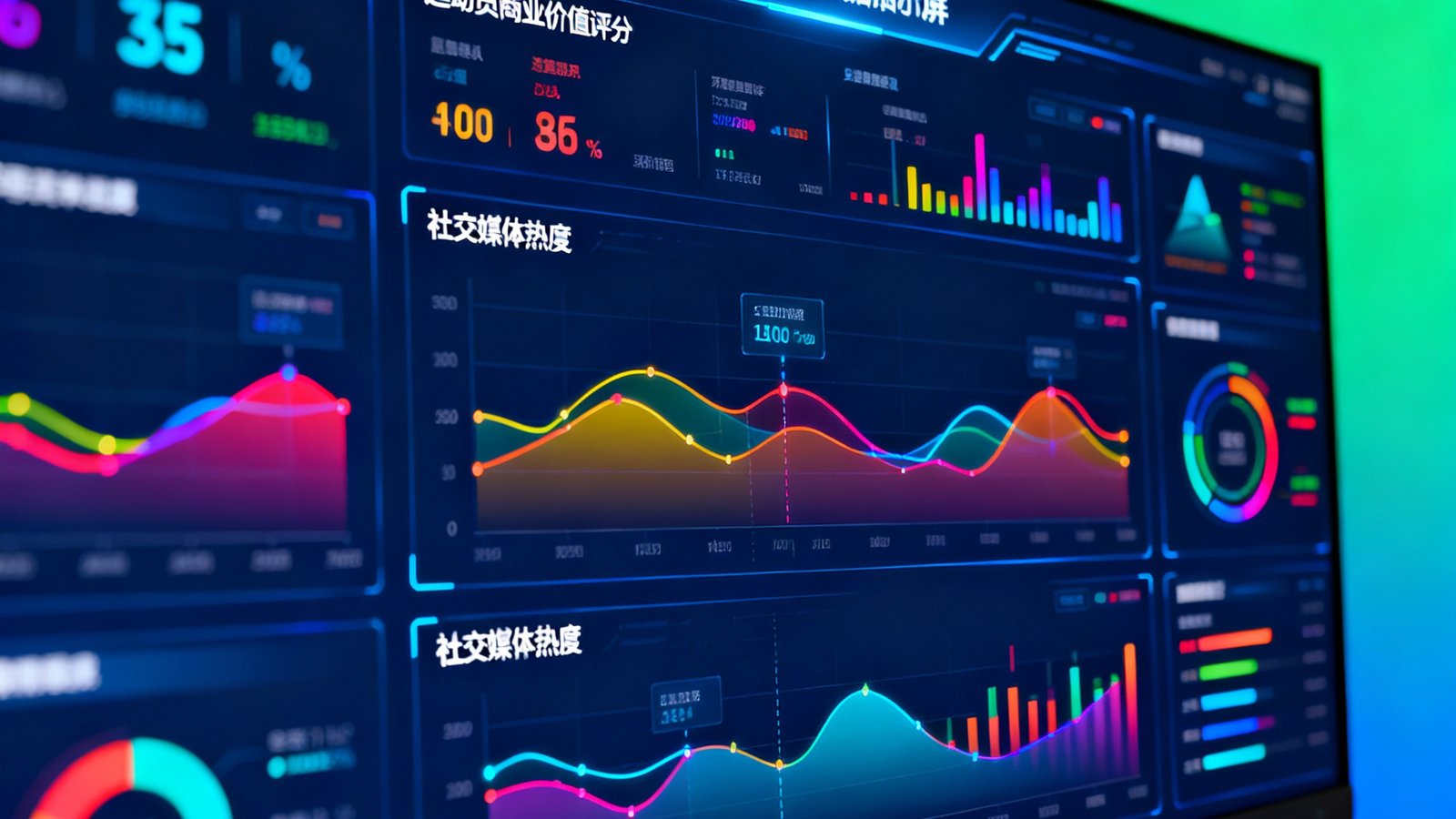 星链系统数据大屏展示界面，彩色图表实时跳动显示运动员商业价值评分和社交媒体热度