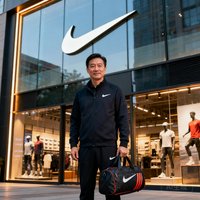 某国际运动品牌中国区市场总监的头像照片，背景为品牌旗舰店